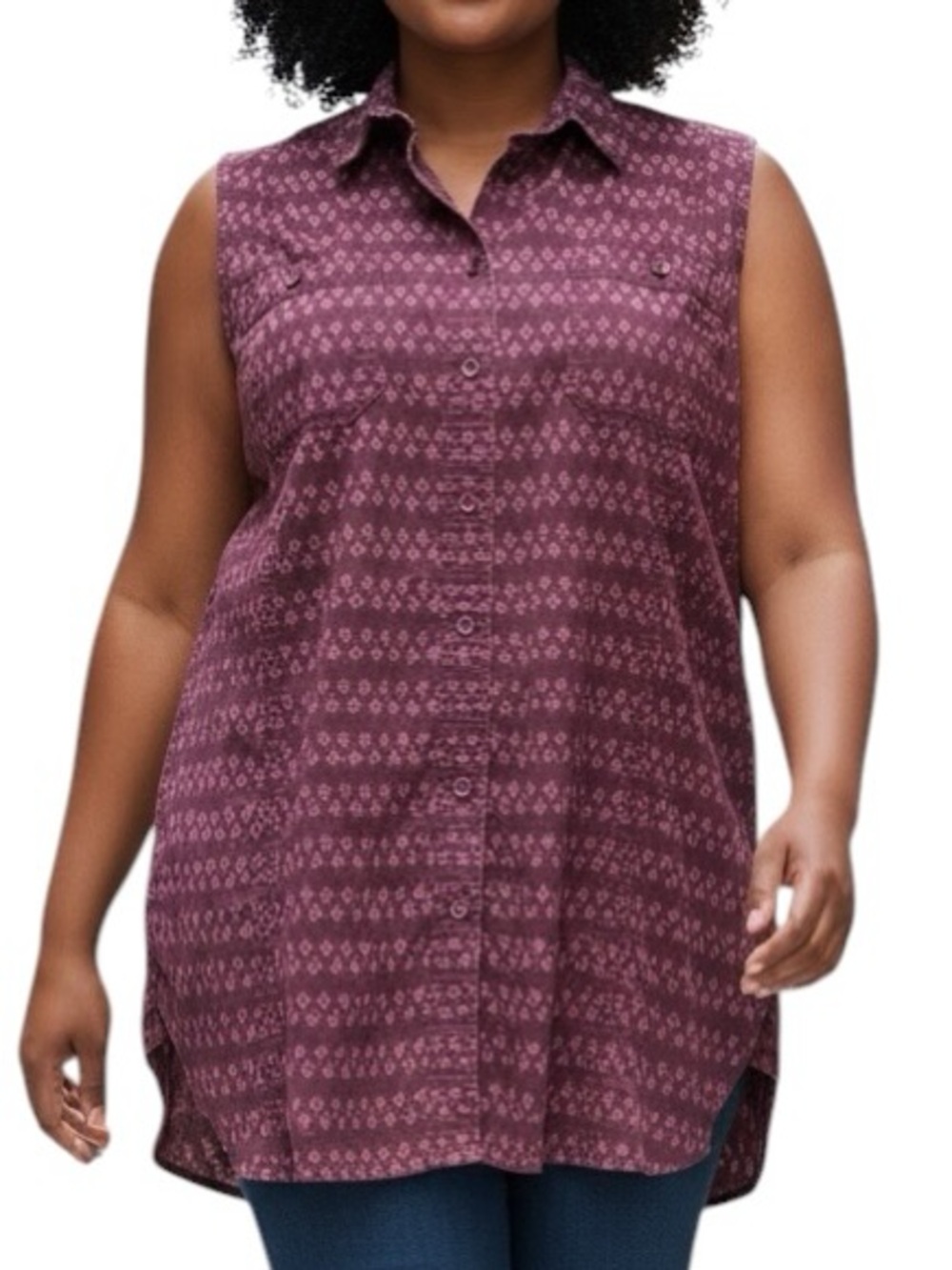 Duluth Trading Co Burgundy Tone Sleeveless Button-Front Tunic Long Length Top